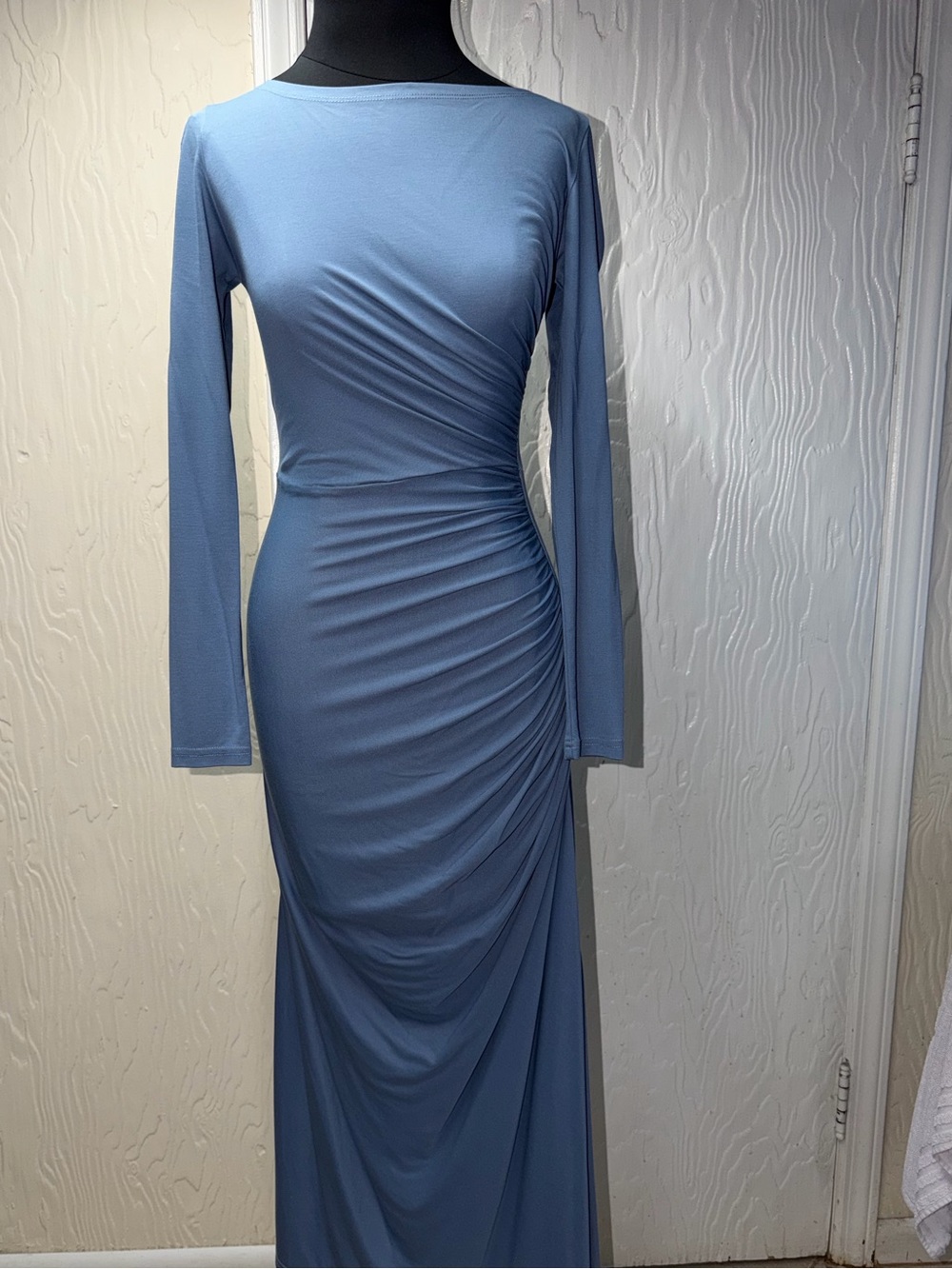 SHEIN Dusty Blue Long-Sleeve Ruched Midi Dress